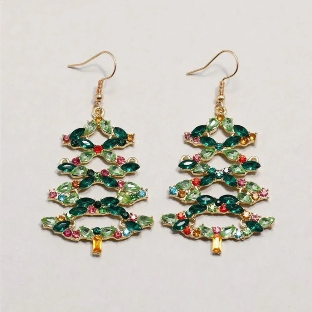Holiday Crystal Rhinestone Christmas Tree Chandelier Drop Earrings